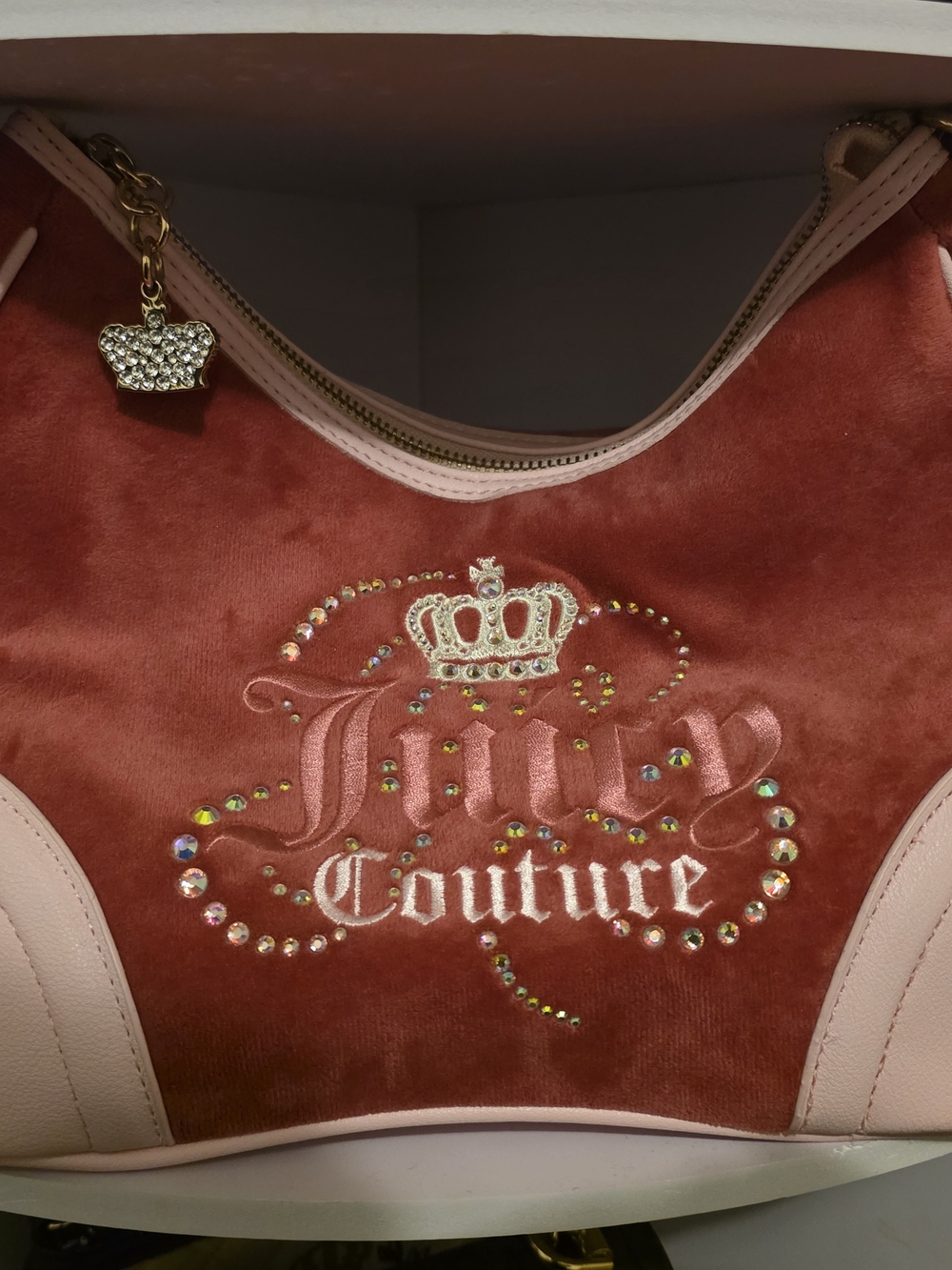 Juicy Couture Pink Velvet Logo Shoulder Bag with Crystal Crown Charm